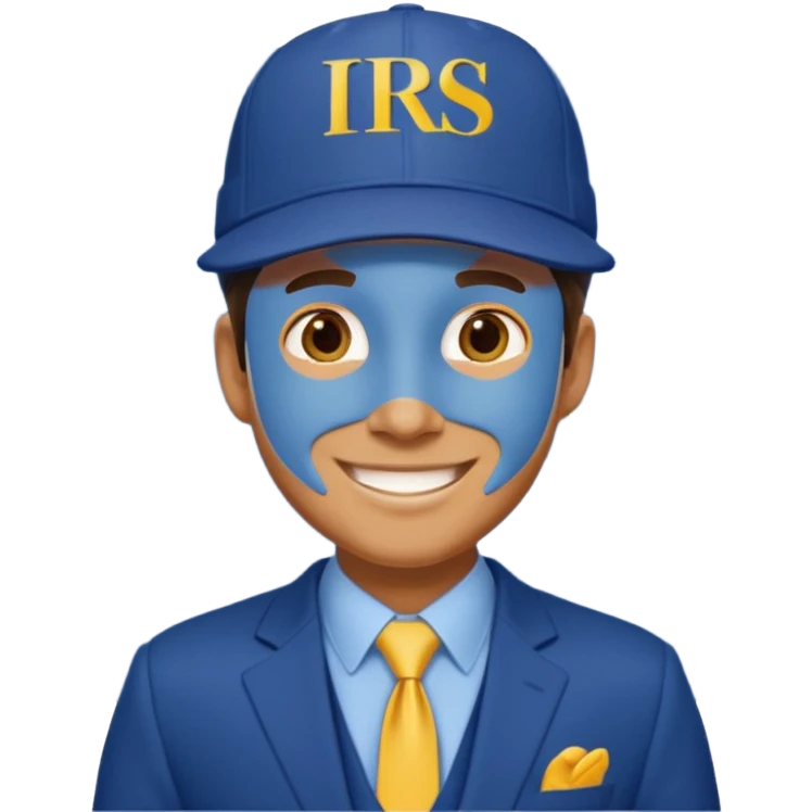 a man smiling dressed in a blue suit with a cap on that says IRS in yellow letters emoji