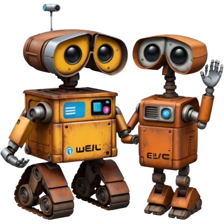 WALL E holding EVE a hand emoji
