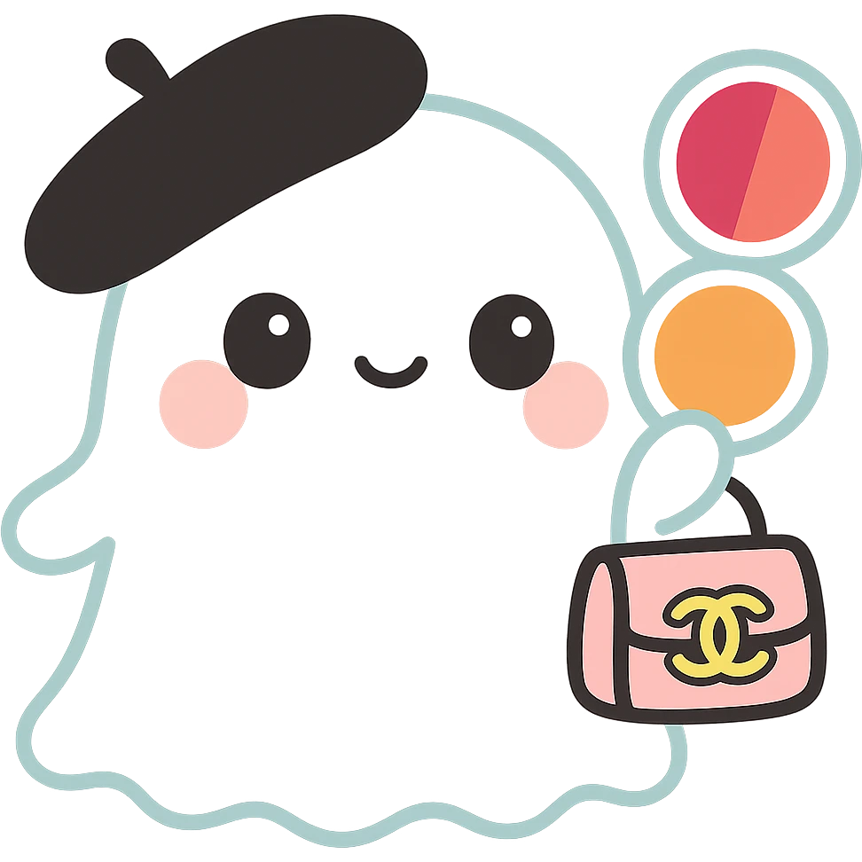 Make the colors in the blush compact darker, with one side a deep pink and the other a rich orange. Keep the ghost white, with a black beret and pink Chanel purse, kawaii style, no background. emoji
