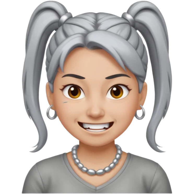 Female with big Silver Necklace, grey skin,ponytail hair, more bright silver,highlight necklace, different expressions. emoji