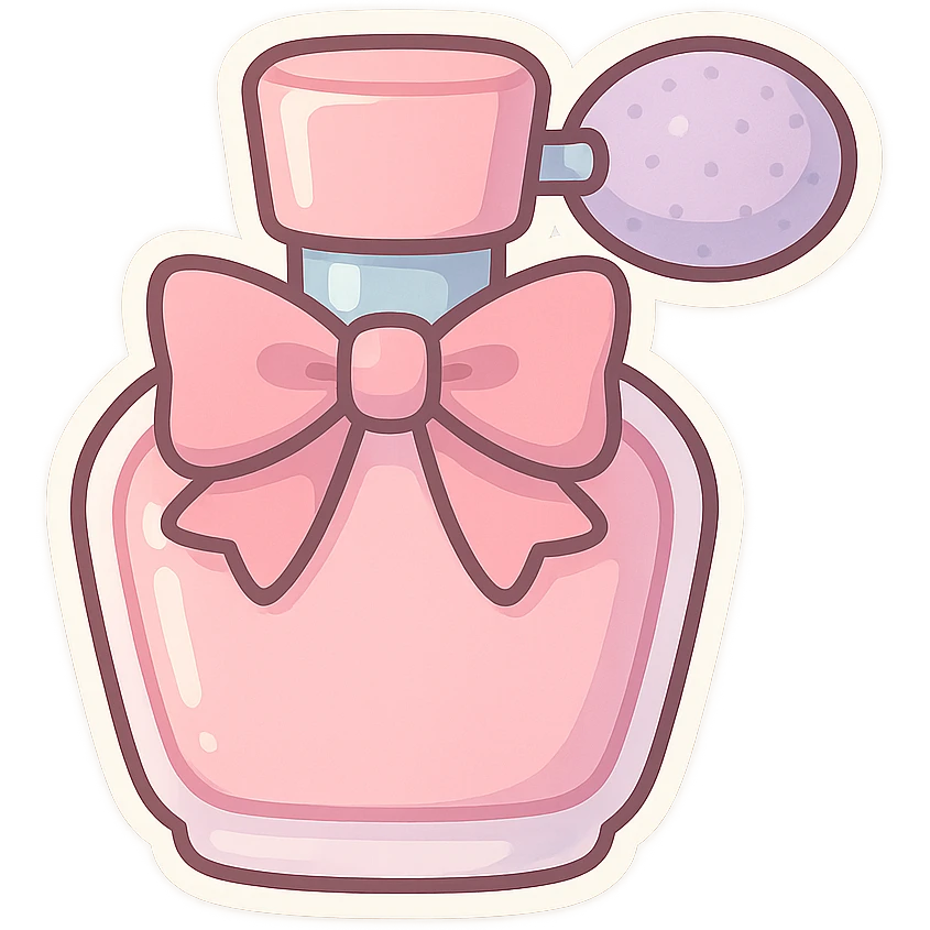 chibi sticker-style perfume bottle with a girly vibe, pastel colors, bow accent, cute and exaggerated emoji