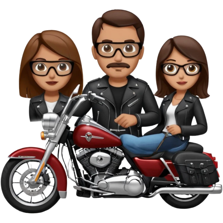 Un couple de biker sur une harley road king noire, l'homme no moustache et une paire de lunettes demetz ros21, la fille a des cheveux plus dans les tons chatain emoji