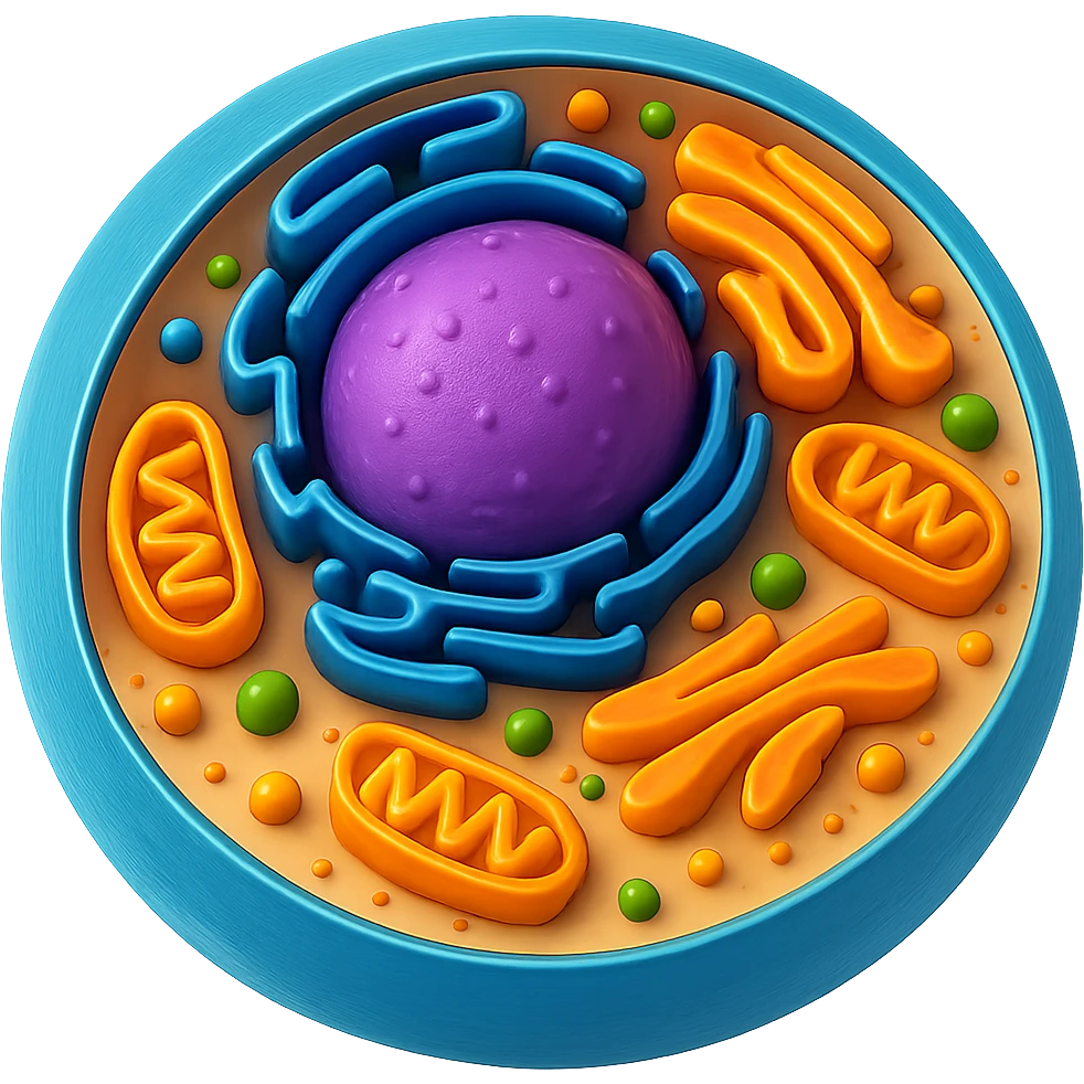 3D biological cell with visible organelles, more vibrant colors, no background, in GPT Image style emoji