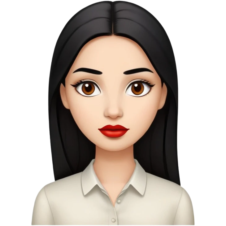 Young woman with oval face, high cheekbones, dark brown eyes, thick eyebrows, red lipstick, light brown skin, long straight black hair, wearing a white blouse emoji