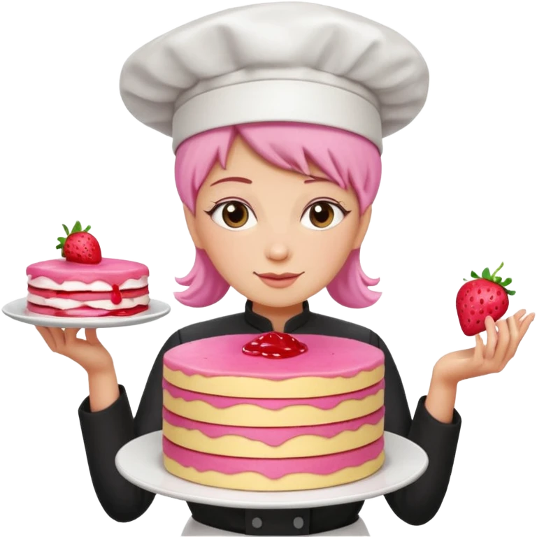 woman chef holding pink Crepe gooey strawberry SPAM  jam cake emoji