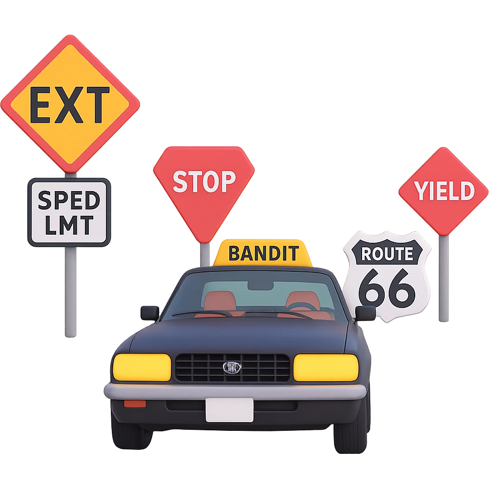 Add even more road signs, such as stop, yield, and Route 66, along the highway with the Bandit-style car. The style should resemble 3D emoji style with a transparent background. emoji