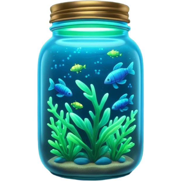 3D render of Firefly Jar, bioluminescent deep sea style, glowing neon blue and green lights, dark background to contrast the glow, translucent organic textures. emoji