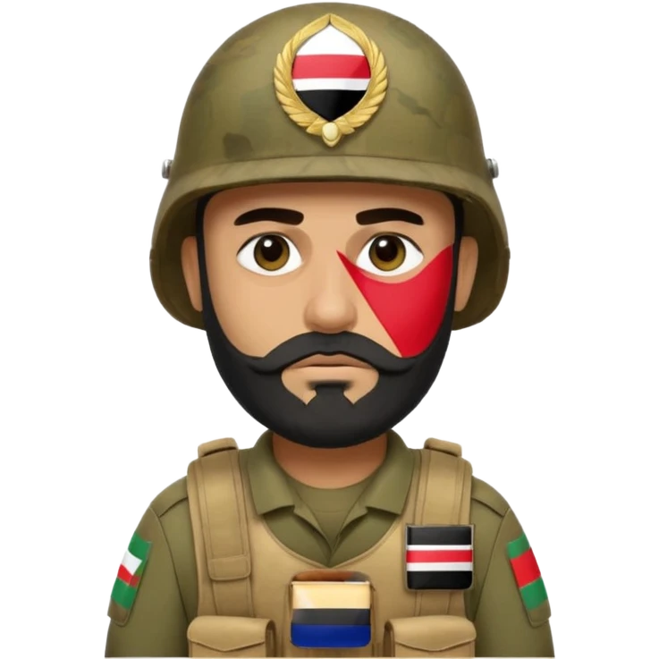 A very tired and sad, swarthy Iraqi soldier with a beard, an Iraqi flag on his helmet, a sad expression and bags under his eyes emoji