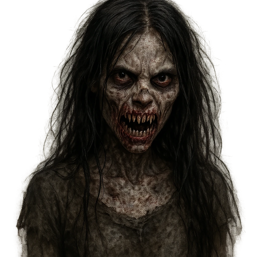 girl zombie, long black hair, menacing teeth, variation, detailed and creepy emoji