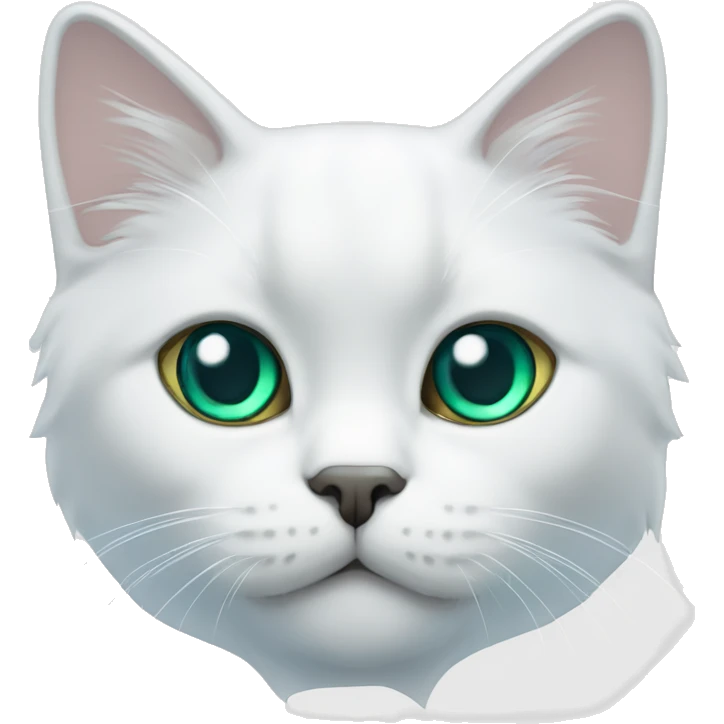 Gato blanco persa con 1 ojo verde y 1 ojo azul, tiene un collar azul emoji