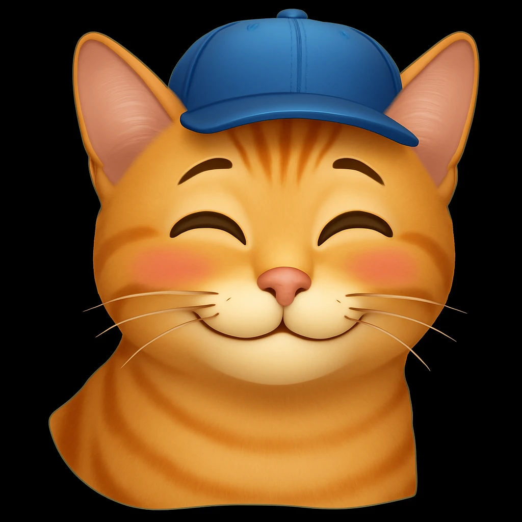 Change the cat's face expression to crush (blushing or dreamy eyes), keeping the blue cap, in emoji style. emoji
