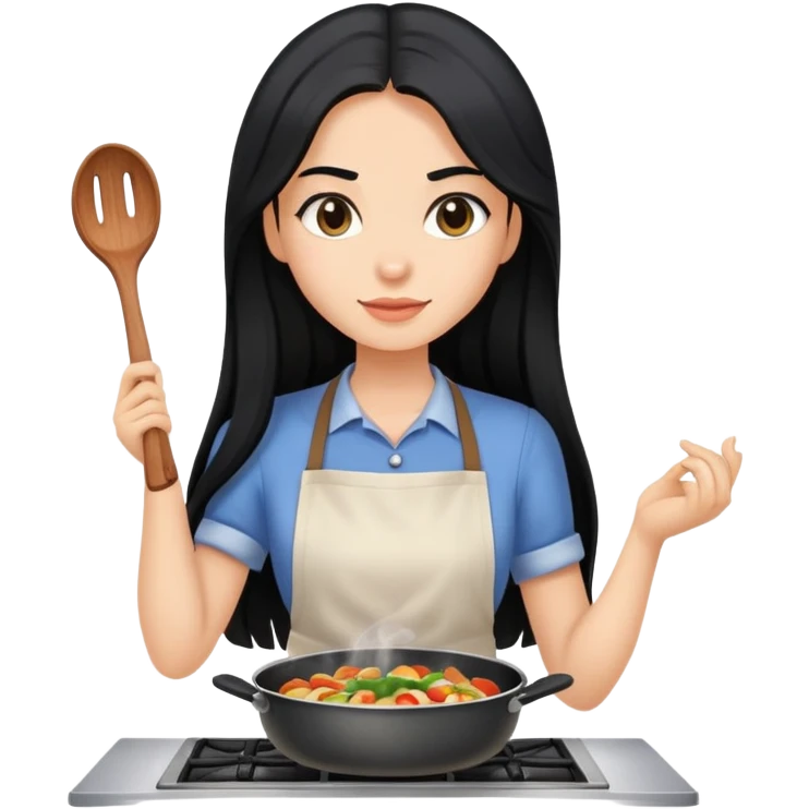 Long black hair girl with caucasian skin is cooking emoji