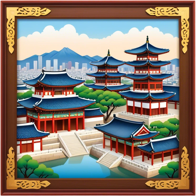 Cinematic Realistic Gyeongbokgung Palace Landmark Emoji, rendered with traditional Korean architecture, ornate wooden carvings, and vibrant colors, set against the backdrop of modern Seoul with soft evening light. emoji