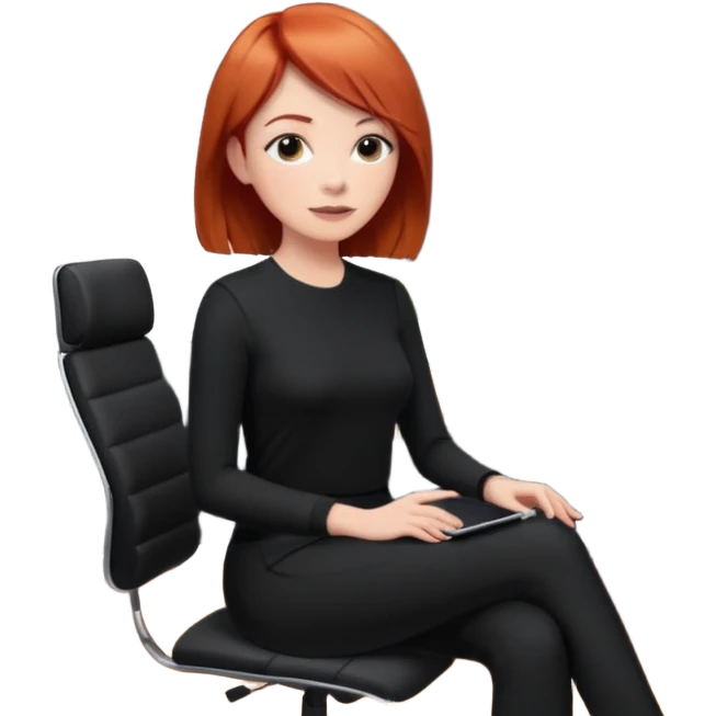“Video call therapy session: red-haired therapist with short hair wearing black minimalist clothing, seated in a professional home office, looking at the webcam; client with long hair wearing all-black outfit visible on screen; calm, modern teletherapy setting emoji