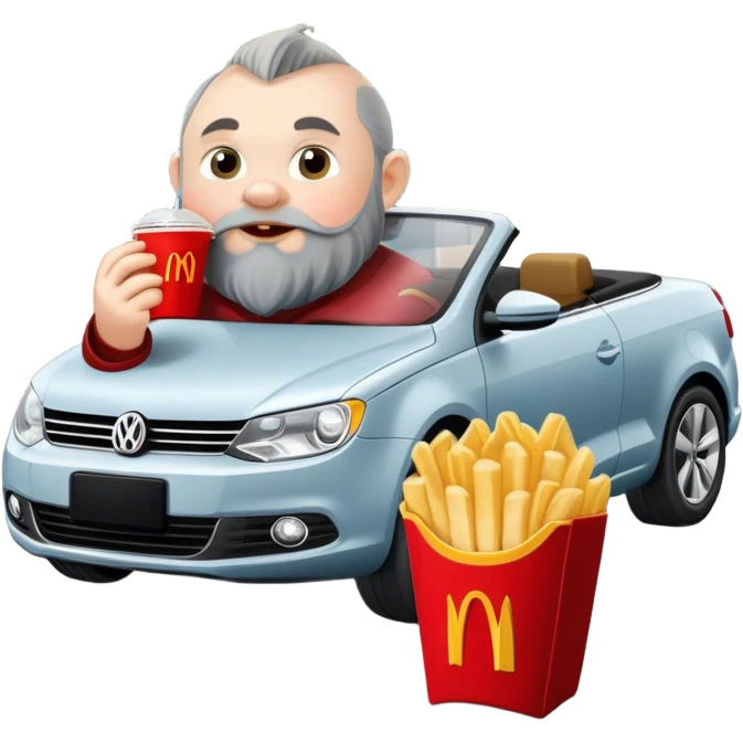 A dwarf eating McDonald's in front of a Volkswagen Eos. emoji