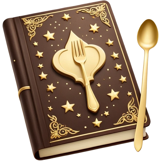 Magical glowing cookbook with a sparkling fork and spoon symbol on the cover, surrounded by tiny stars and magical sparkles emoji