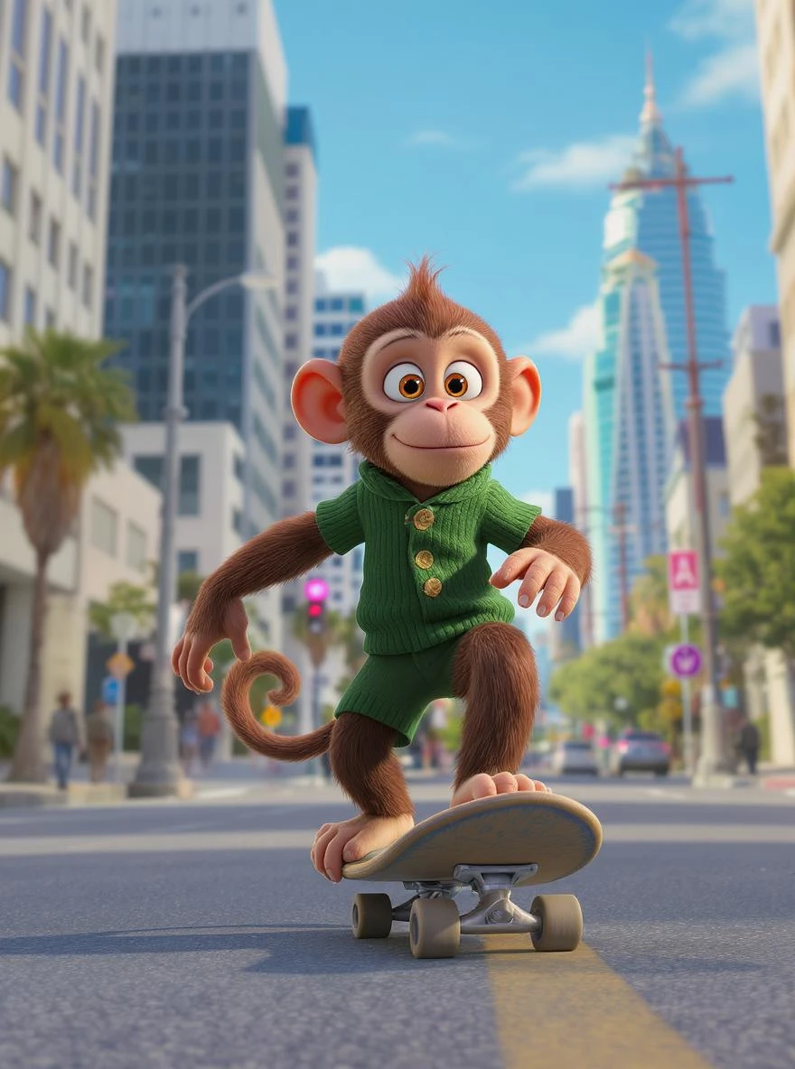 Disney style, Cinematic still scane, Low angle medium shot, monkey dress in green outfit, monkey ride on skateboard, san francisno downtown with city lanscape, blue clean sky, captured by ARRI Alexa XT, soft cinematic lightning, back light, inspired by ToyStory 4 emoji