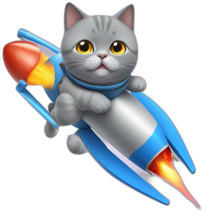 British Shorthair Blue Cat ride a rocket emoji