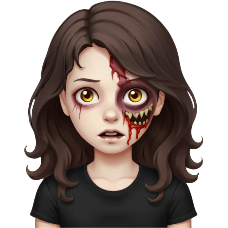 crie uma garota com ferimentos zoombie cabelo ondulado 2c longo castanho escuro e blusa básica preta sem nada  emoji