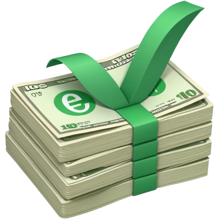 stack of bills facing up with a big green tick in the background emoji