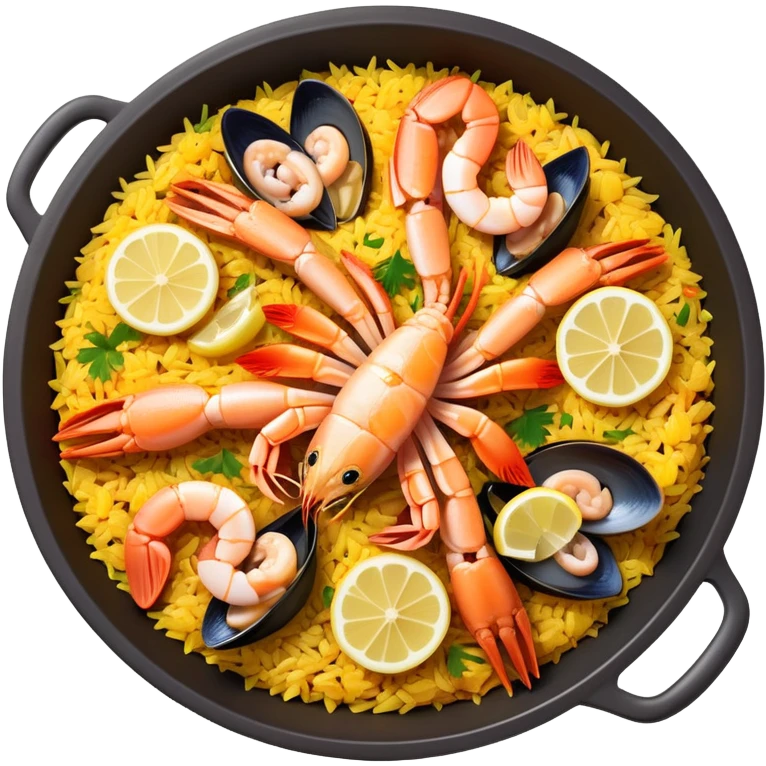 cinematic-realistic-paella-dish-emoji,-depicted-as-a-vibrant,-aromatic-rice-dish-loaded-with-seafood,-chicken,-and-saffron-rendered-with-rich-textures-and-dynamic,-warm-lighting with a lemon slice in the middle emoji