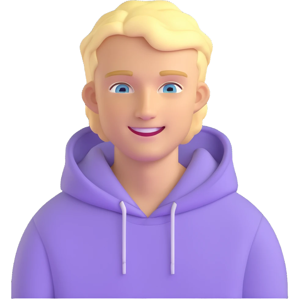 smiling blonde man with blue eyes in a lilac hoodie emoji