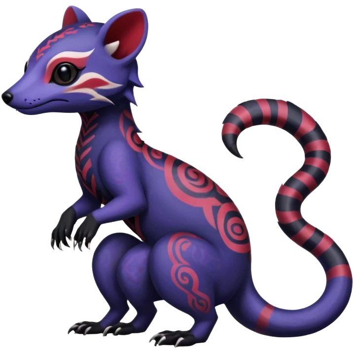Rare warm-colored exotic gloomy tropical edgy cute epic aesthetic spooky indigo violet white black red gothic colorful Salandit-Noibat-Civet-species-Fakemon-hybrid-creature, with tribal tattoo markings, full body emoji