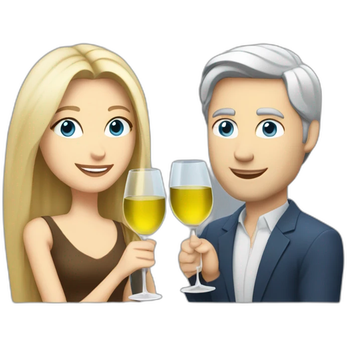 A white woman with brown eyes and blond medium long hair and a white man with blue eyes and grey hair, toasting with a glass of white wine emoji