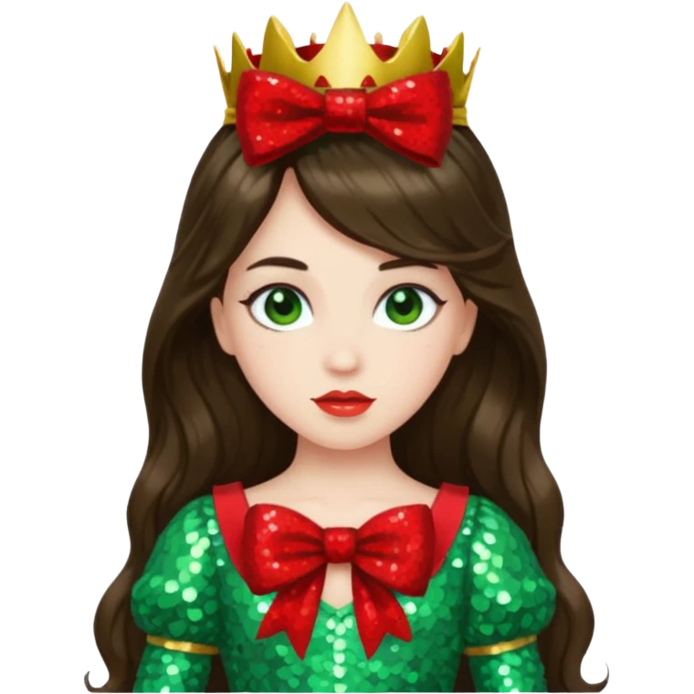 Princess Ozma from Oz with long brunette hair, light green sequin outfit, red bow emoji