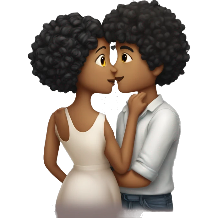 Curly haired couple kissing light with black hair girl has short hair kissing emoji