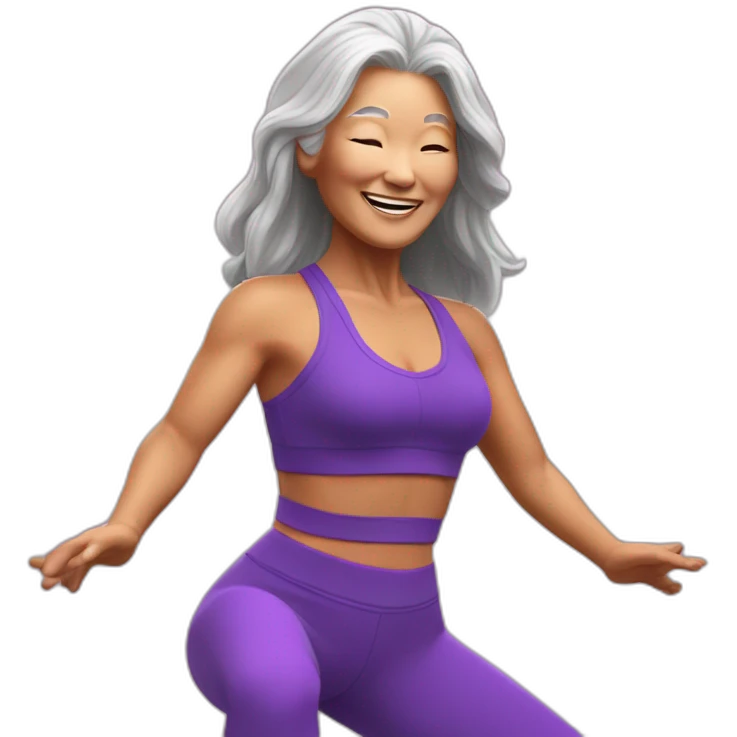 Long hair Asian senior woman in sexy purple yoga cloth dancing Zumba emoji