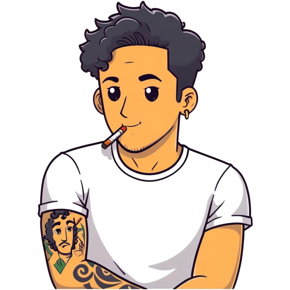 Italian man with tanned skin, curly black hair in short bob style, stubble, olive eyes, gold earring in left ear, white t-shirt, black tattoo on forearm, smoking cigarette emoji