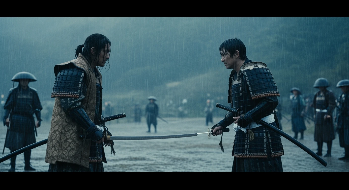 A cinematic scane from 1185, Wide shot of a two japan samurai face to face ready to fight during rain, deph composition, tense atmosphere, captured by by arri alexa, film directed by wes anderson emoji