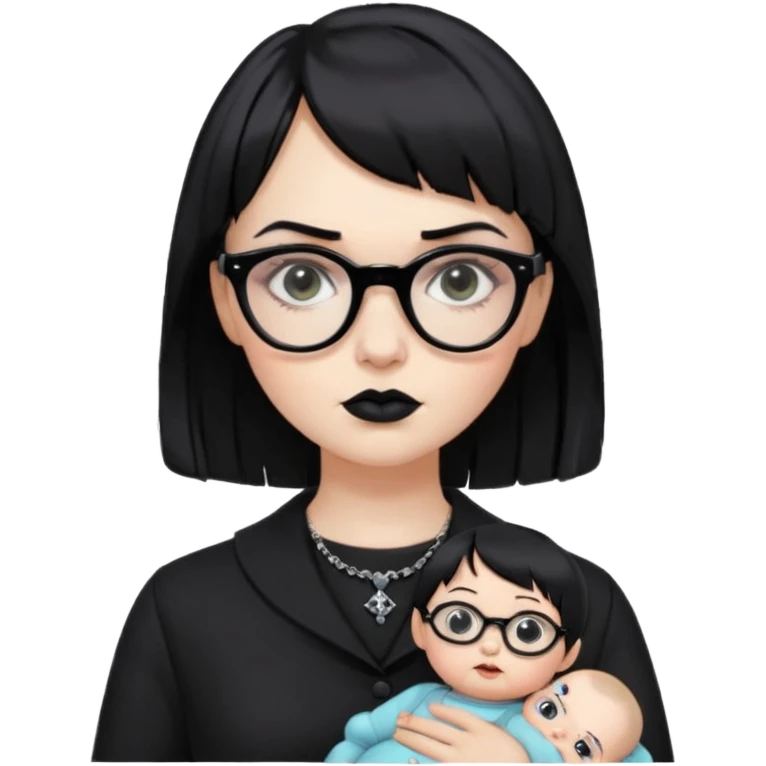 white woman with medium length black hair and baby bangs, glasses, with goth makeup and clothing  emoji