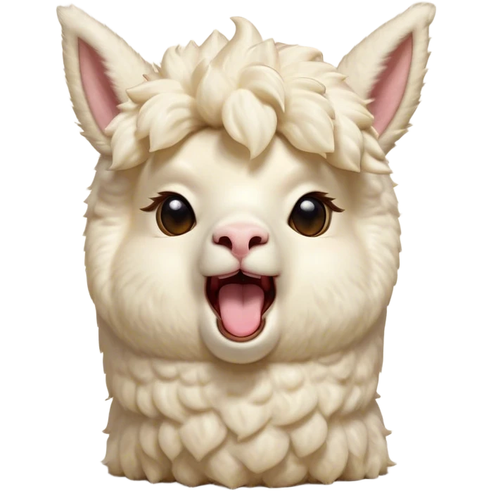 Cinematic Cute Yawning Cream Alpaca Portrait Emoji, Head tilted slightly with a dramatic, wide-open yawn, showcasing a soft, fluffy cream fleece with subtly drooping ears, round gentle eyes barely open in drowsy contentment, Simplified yet irresistibly adorable features, highly detailed, glowing with a soft, cozy glow, high shine, relaxed yet expressive, stylized with a touch of whimsy, bright and endearing, soft glowing outline, capturing the essence of a sleepy yet affectionate alpaca, so drowsy it feels like it could stretch out of the screen and curl up for a nap! emoji