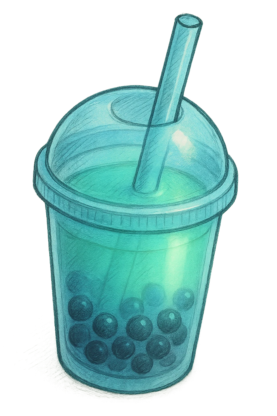 hand-drawn volumetric bubble tea cup with a straw, blue and green colors, three-quarter angle view, sketchy illustrated style, expressive shadows and highlights for 3D look emoji