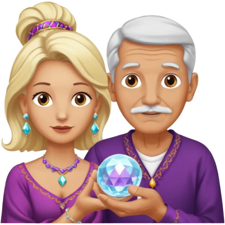 Elderly male cleanshaven gypsy with earrings and blonde female gypsy holding a crystal ball emoji
