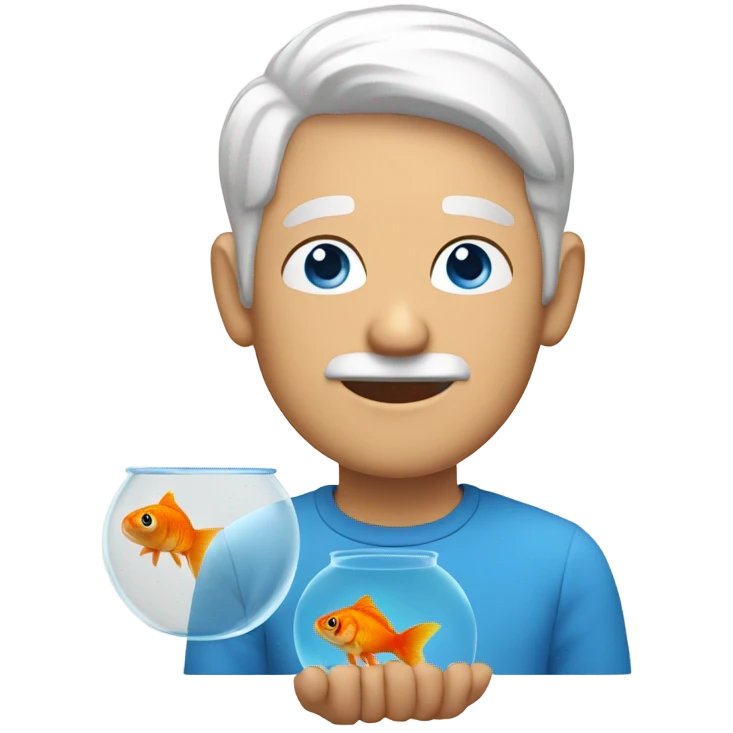 Man with white hair and blue eyes holding a goldfish emoji