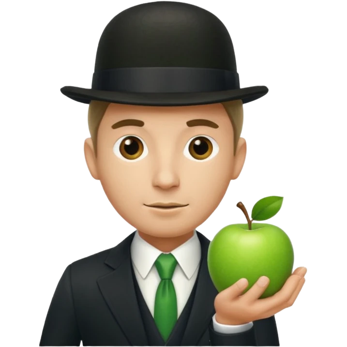 homme en costume chapeu melon, grosse pomme verte devant visage emoji