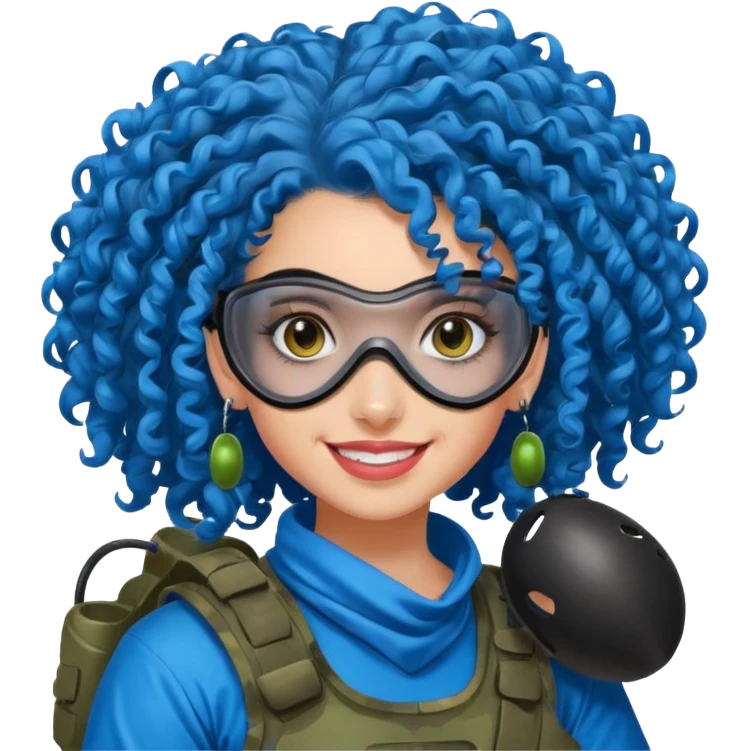 blue curly haired paintball player girl with huge earrings, wearing paintball mask emoji