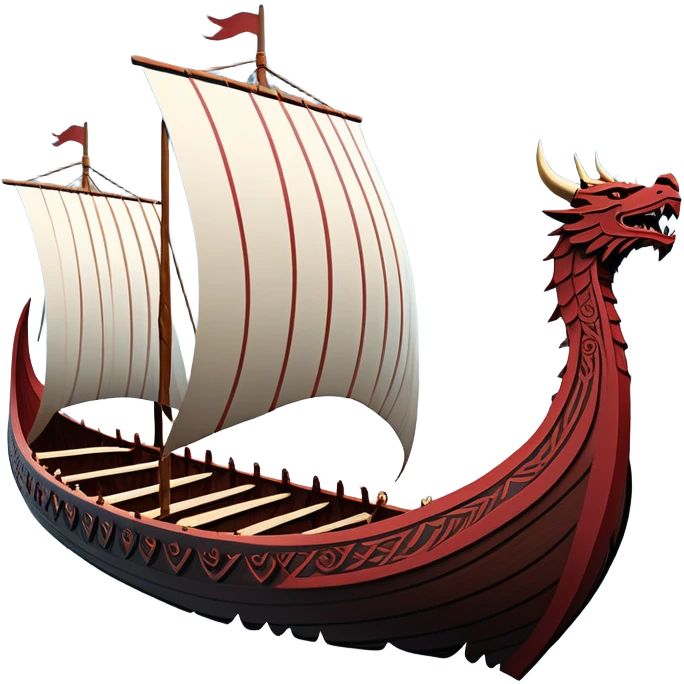 clash-of-clans-aesthetic_-cinematic-viking-longboat, rendered in a flat, bold vector style with minimal shading, featuring a striking dragon-headed prow slicing through icy, churning waters. shields on the side and vikings rowing The longboat’s intricately detailed shields and carved motifs evoke a sense of epic adventure and Nordic might, with billowing sails catching a dramatic, stormy sky backdrop. emoji