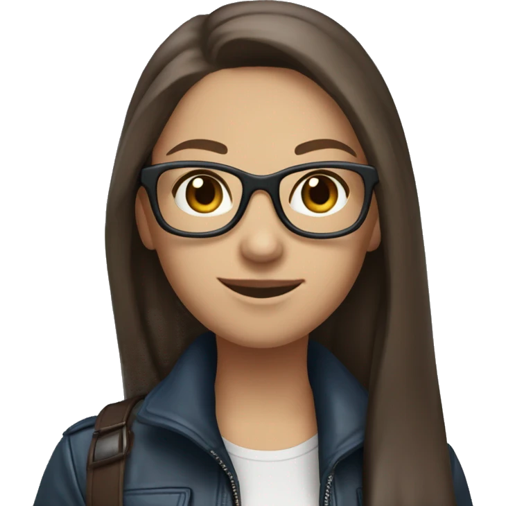 Slavic girl with long straight brown hair, fair skin, dark brown eyes, smile, black glasses, wearing a blue scarf around her neck and a leather jacket. emoji