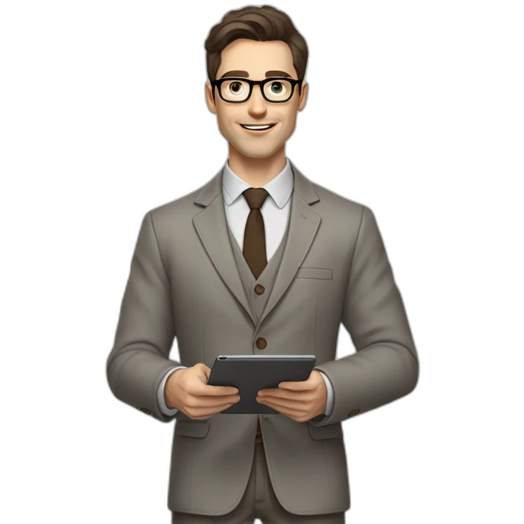 Pale skinned fit man with dark brown hair in gray jacket, beige office shirt, brown tie, brown pants and vintage glasses Writing on the tablet emoji