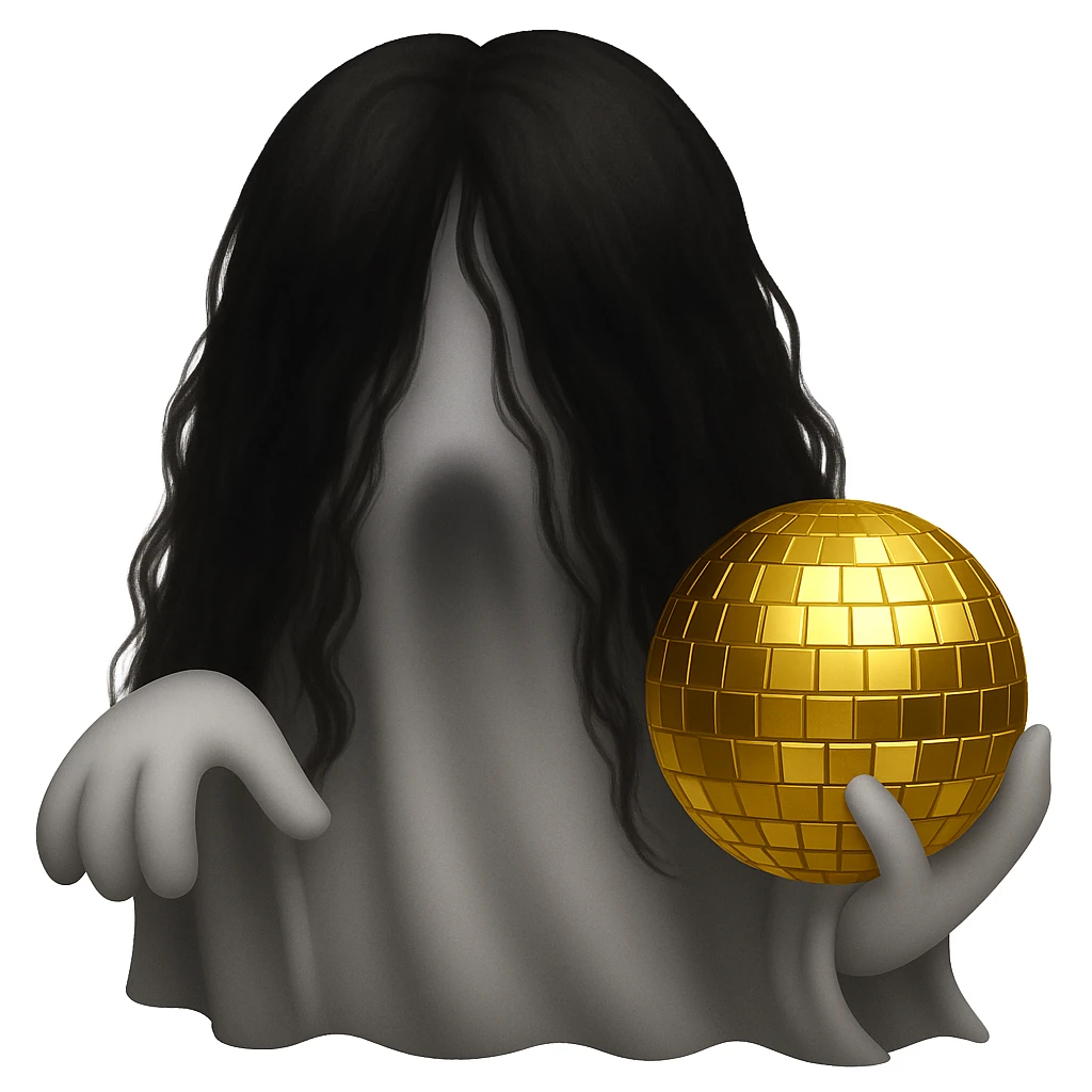 Turn the girl with gold disco ball into a ghost, using the reference photo for ghostly hair and pose, keep the disco ball gold, in the style of emoji style. emoji