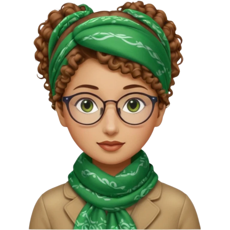 iranian woman, tight curly light brown hair in one high pony tail, glasses, green eyes, pretty, oval shape face, no hajib, scarf on neck emoji
