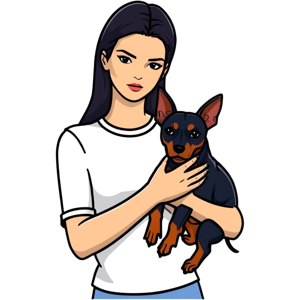 Kendall Jenner with long dark hair holds a Doberman Pinscher in her arms emoji