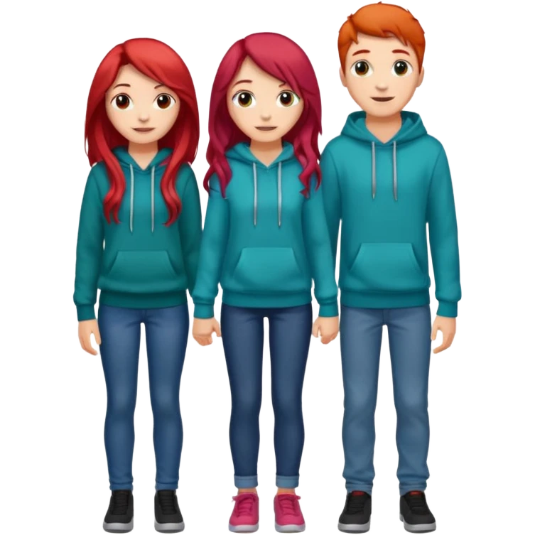 full-length happy couple, girl with long teal hair and brown eyes in colorful sweater, boy with red hair in jeans and hoodie emoji