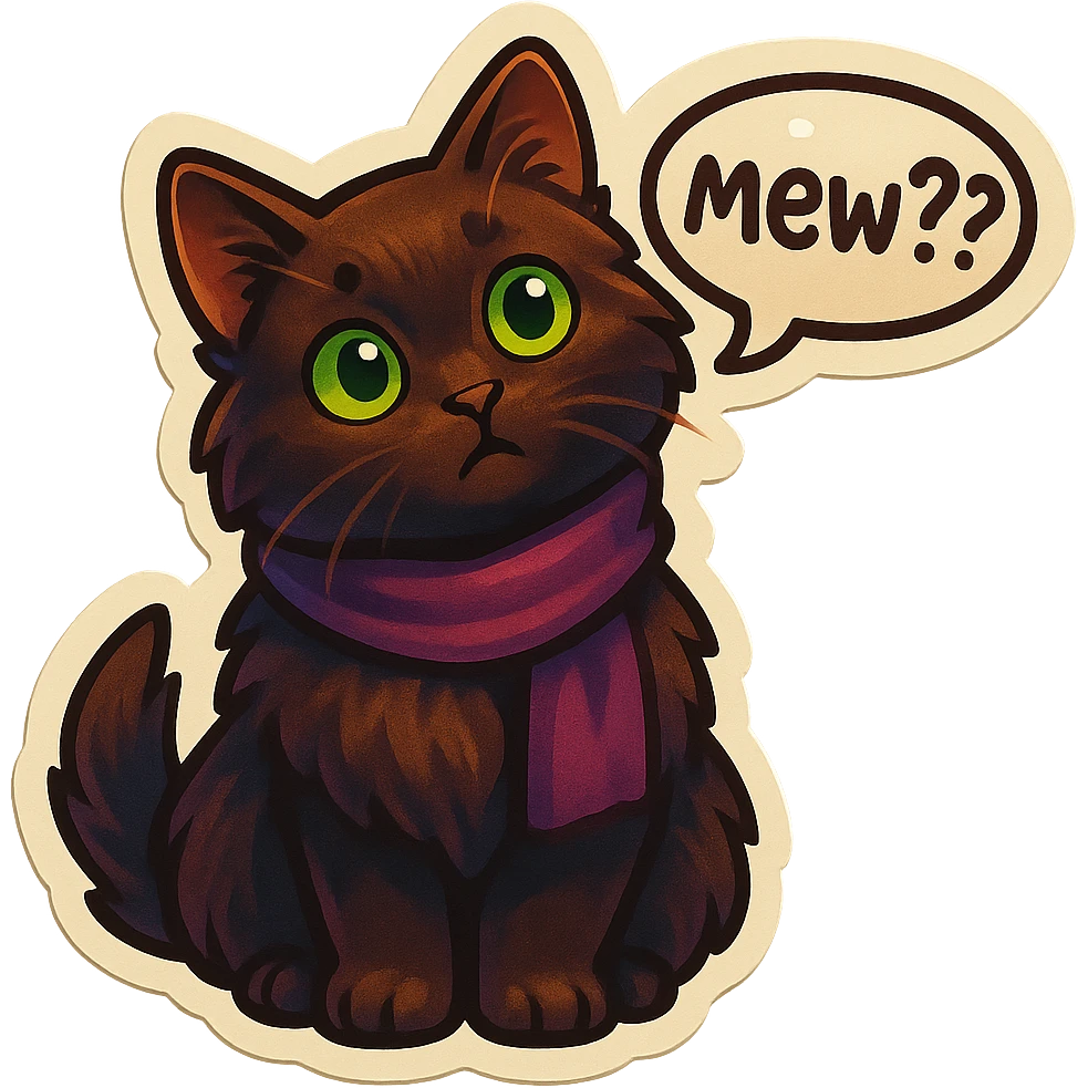 Fluffy cute curious confused dark-brown cat with green eyes and a purple scarf saying ‘mew??’ with a tilted head (With a speech bubble) emoji
