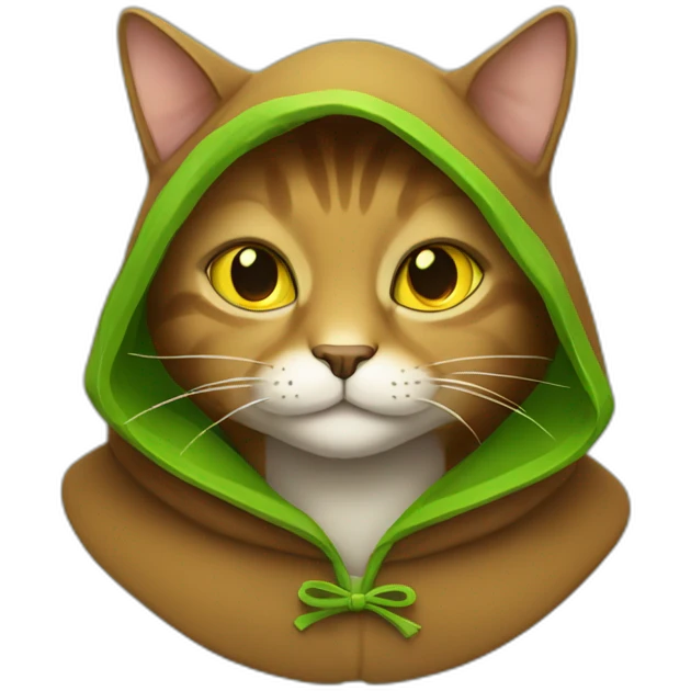 brown cat with yellow eyes and a green hood that smiling emoji