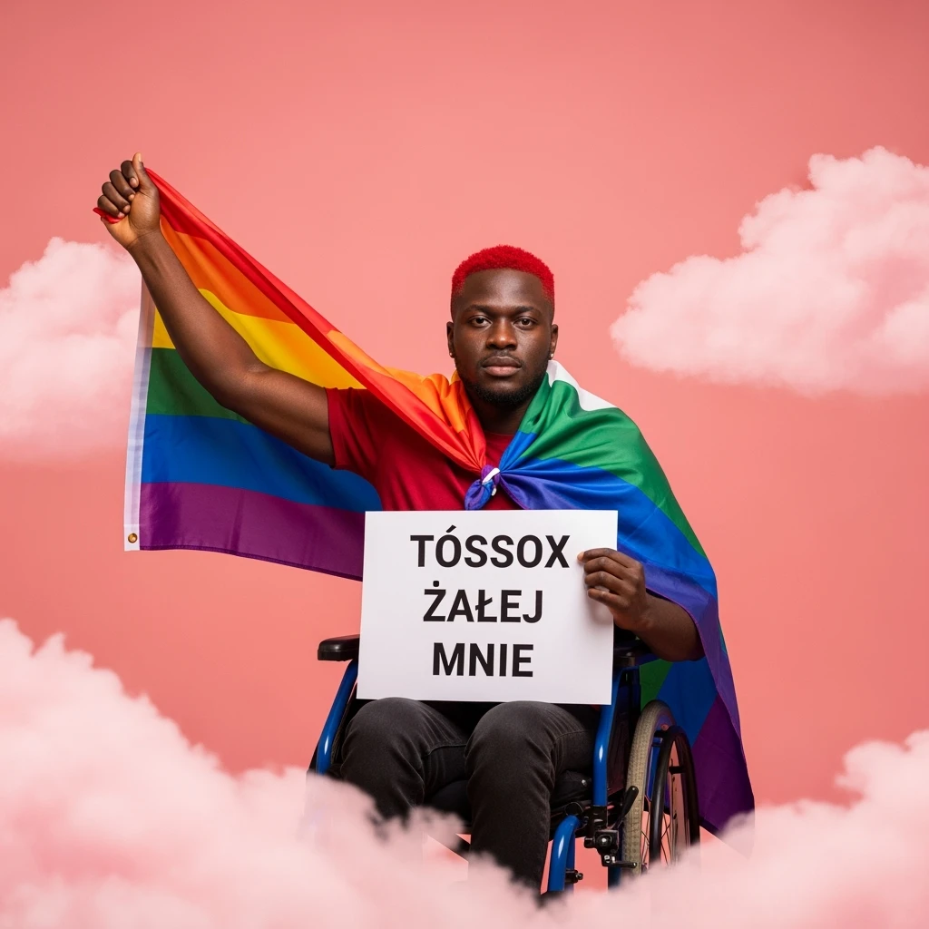 Black man with red hair sitting on wheelchair holding lgbt flag holding text "T0ssox zalej mnie" pink clouds around, pink sky with pink back light emoji